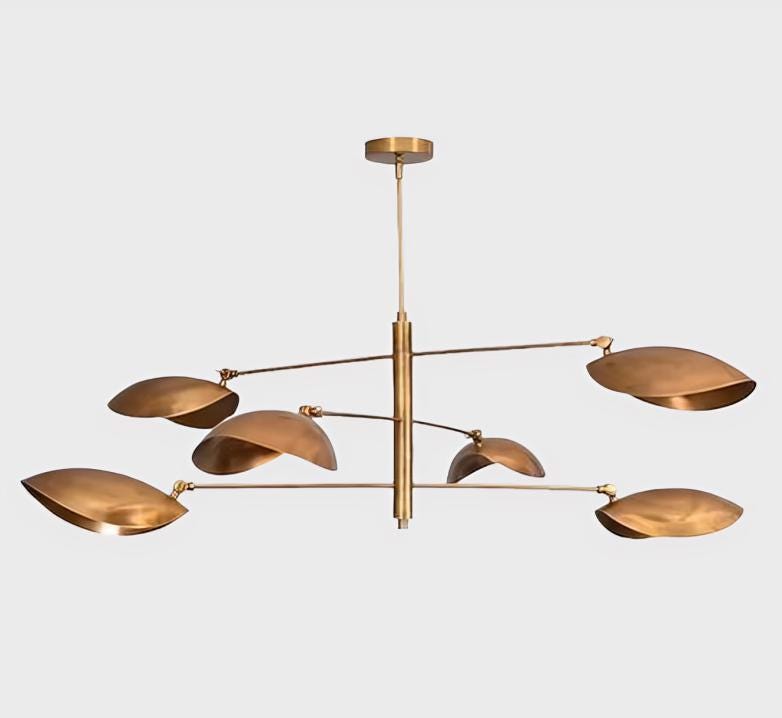 Mid Century Modern Curved Disk Chandelier, 6 Light Leaf Shade Sputnik Brass Chandelier, Handmade Italian Style Vintage Ceiling Light Fixture