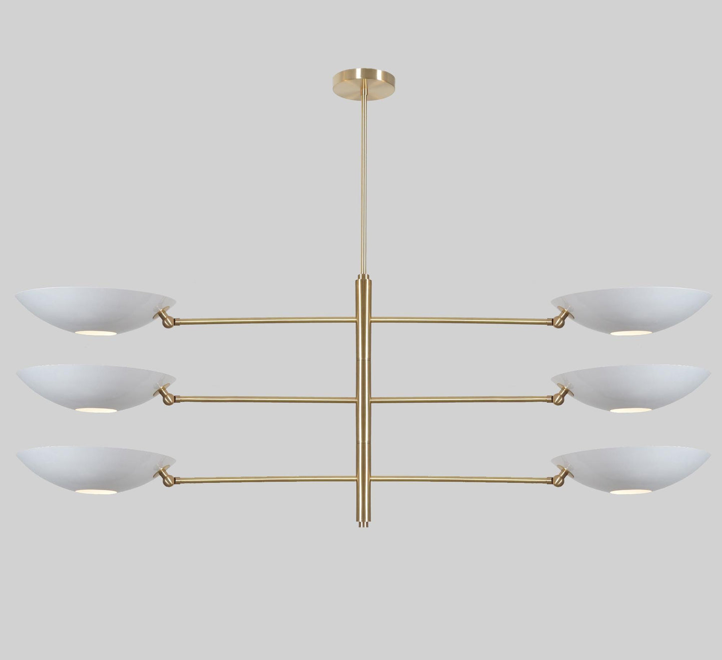 White Disk Counterbalance Shade Brass Chandelier, Mid Century Modern Stilnovo Style Counterweight Handcrafted Brass Ceiling Light Fixture