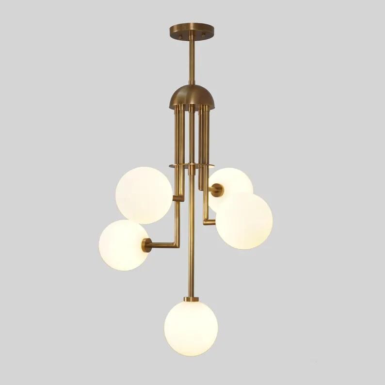 Handcrafted Five Globes Mid Century Modern Sputnik Chandelier, Stilnovo Style Ceiling Light Fixture, Brass Frame Glass Globe Chandelier