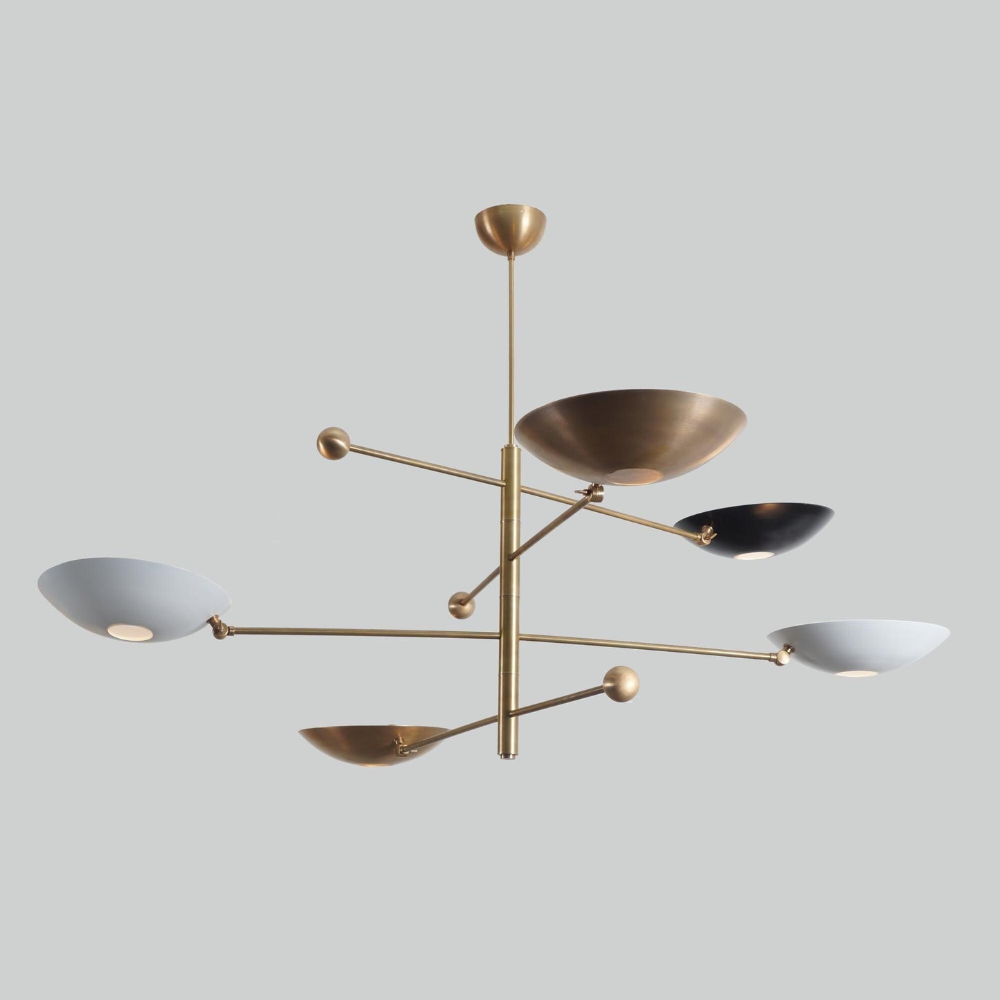 Counterbalance 5 Curved Disk Brass Chandelier, Mid Century Modern 5 Light Disk Shade Lamp, Stilnovo Counterweight Ceiling Light Fixture
