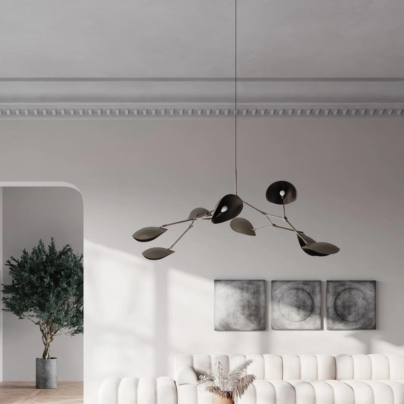 Stingray Brass Mid Century Modern Chandelier, Handcrafted 8 Arm Sputnik Light Fixture, Custom Curved Disk Multi Shade Large Ceiling Light