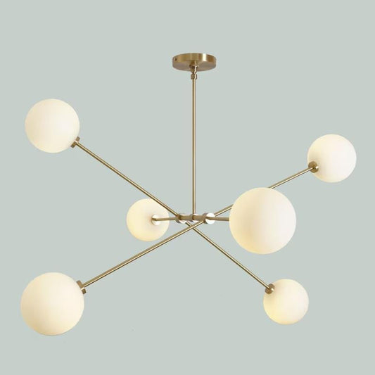 Six Globes Mid Century Style Sputnik Chandelier, Handcrafted Pendant Ceiling Light, Brass Frame Glass Globe Design Light Fixture