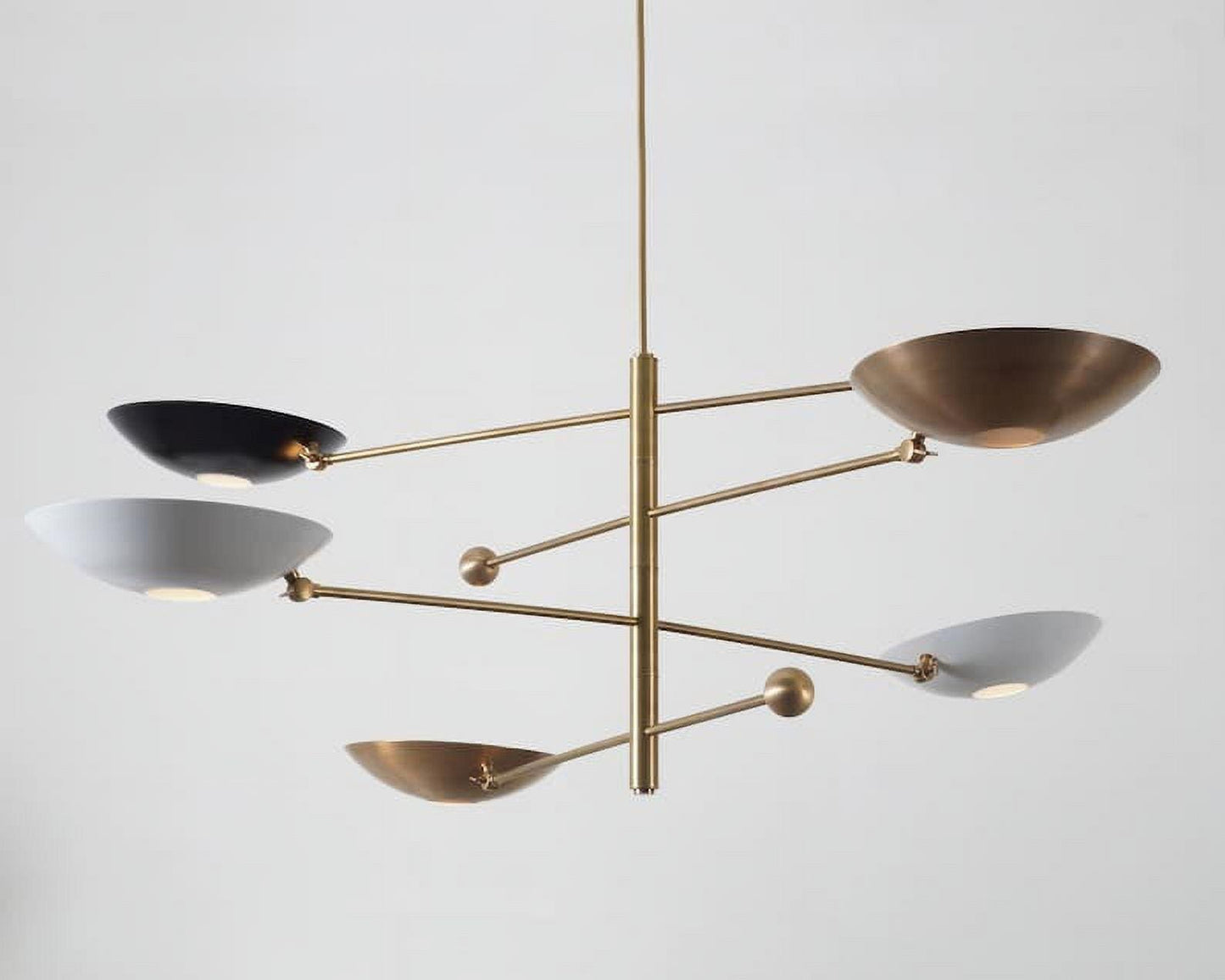 Counterbalance 5 Curved Disk Brass Chandelier, Mid Century Modern 5 Light Disk Shade Lamp, Stilnovo Counterweight Ceiling Light Fixture