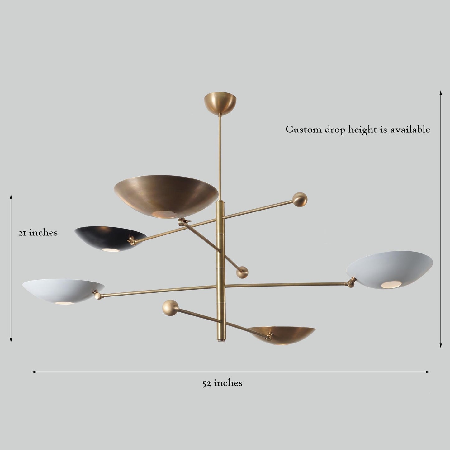 Counterbalance 5 Curved Disk Brass Chandelier, Mid Century Modern 5 Light Disk Shade Lamp, Stilnovo Counterweight Ceiling Light Fixture