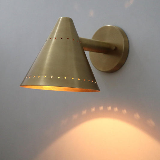 Perforated Conical Brass Pivot Wall Sconce, Mid Century Modern Handcrafted Raw Brass Industrial Style Wall Light Lamp