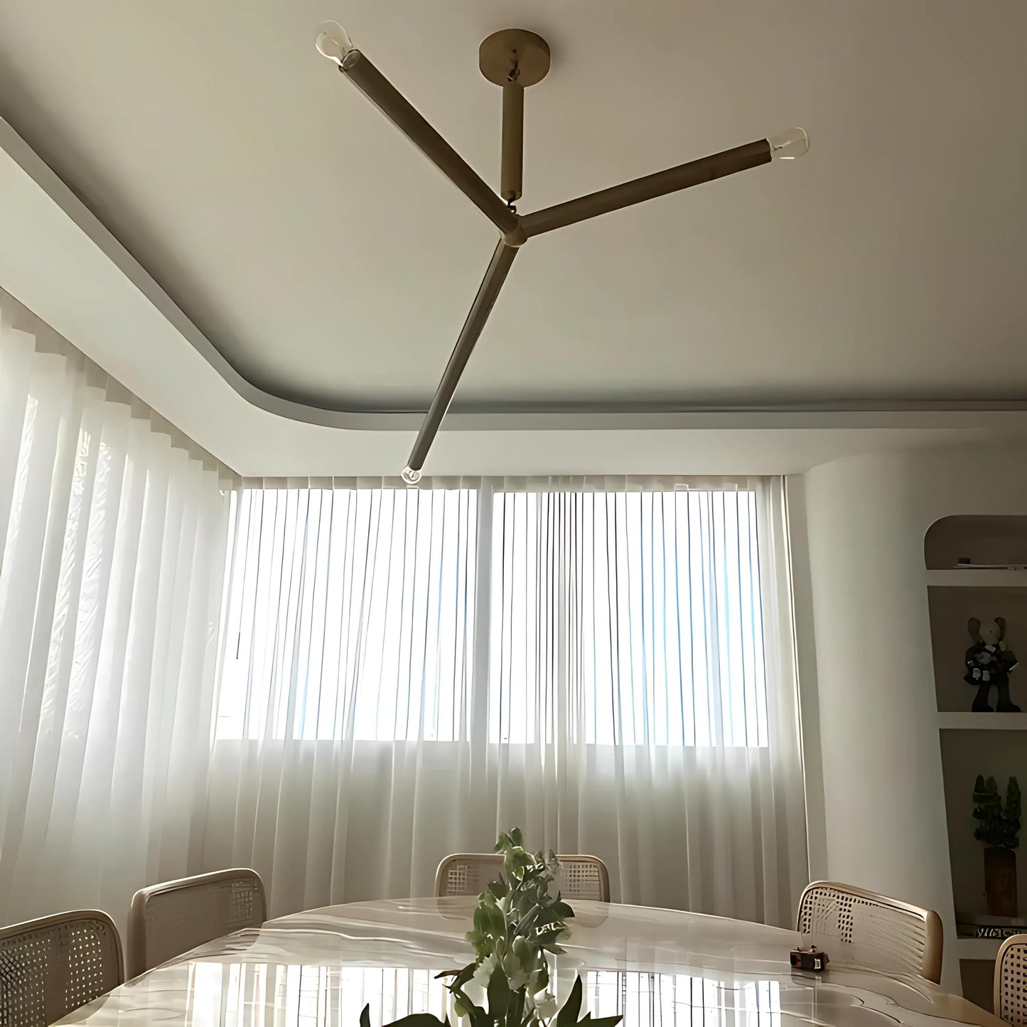 Arrow Shape Slingshot Chandelier, Minimalist Asymmetrical Brass Ceiling Light Fixture, Contemporary Design Hanging Three Arm Statement Lamp