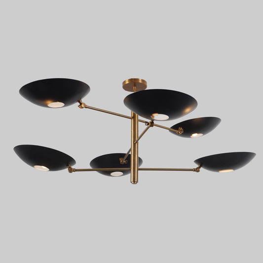 Counterbalance Six Disk Shade Brass Chandelier, Mid Century Modern Stilnovo Style Counterweight Handcrafted Brass Ceiling Light Fixture