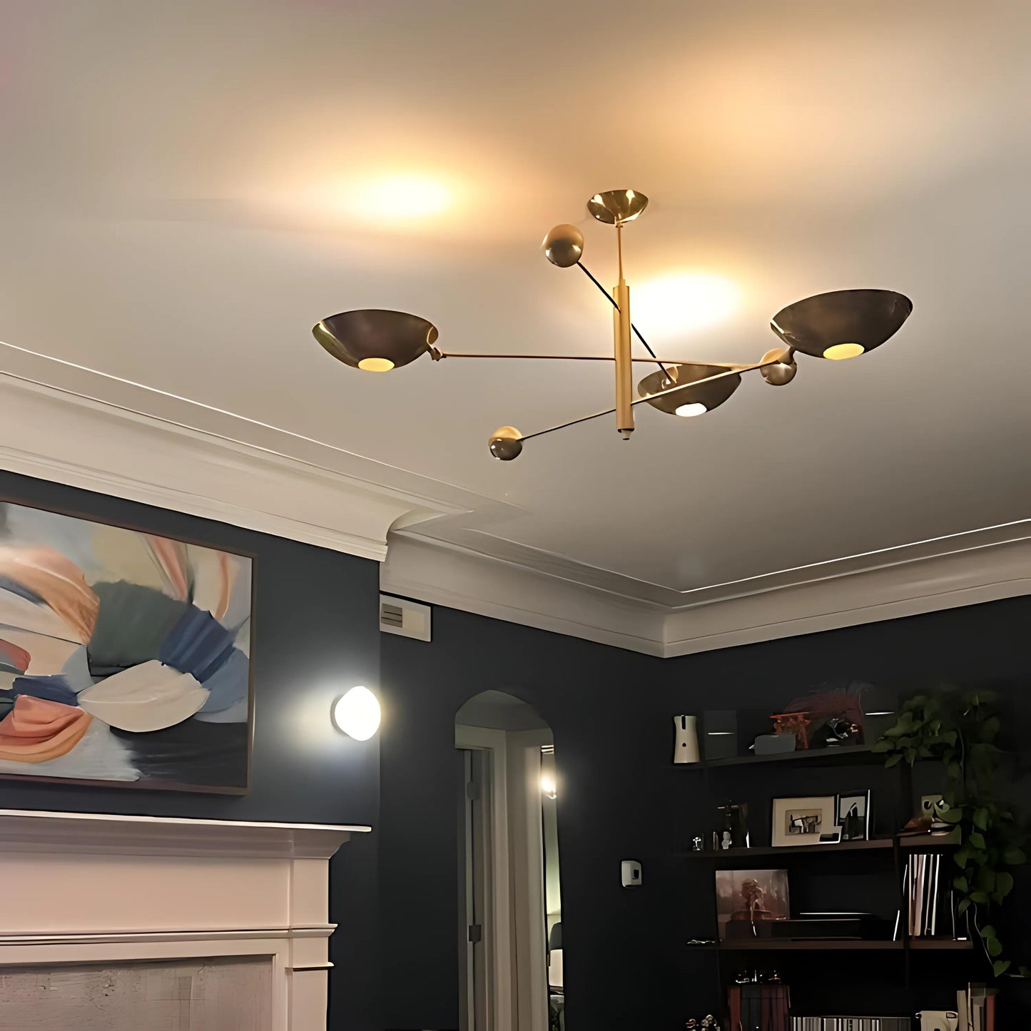 Italian Adjustable Counterweight Stilnovo Ceiling Lamp, Counterbalance 3 Shade Brass Chandelier, Mid Century Modern Light 1960s Inspired