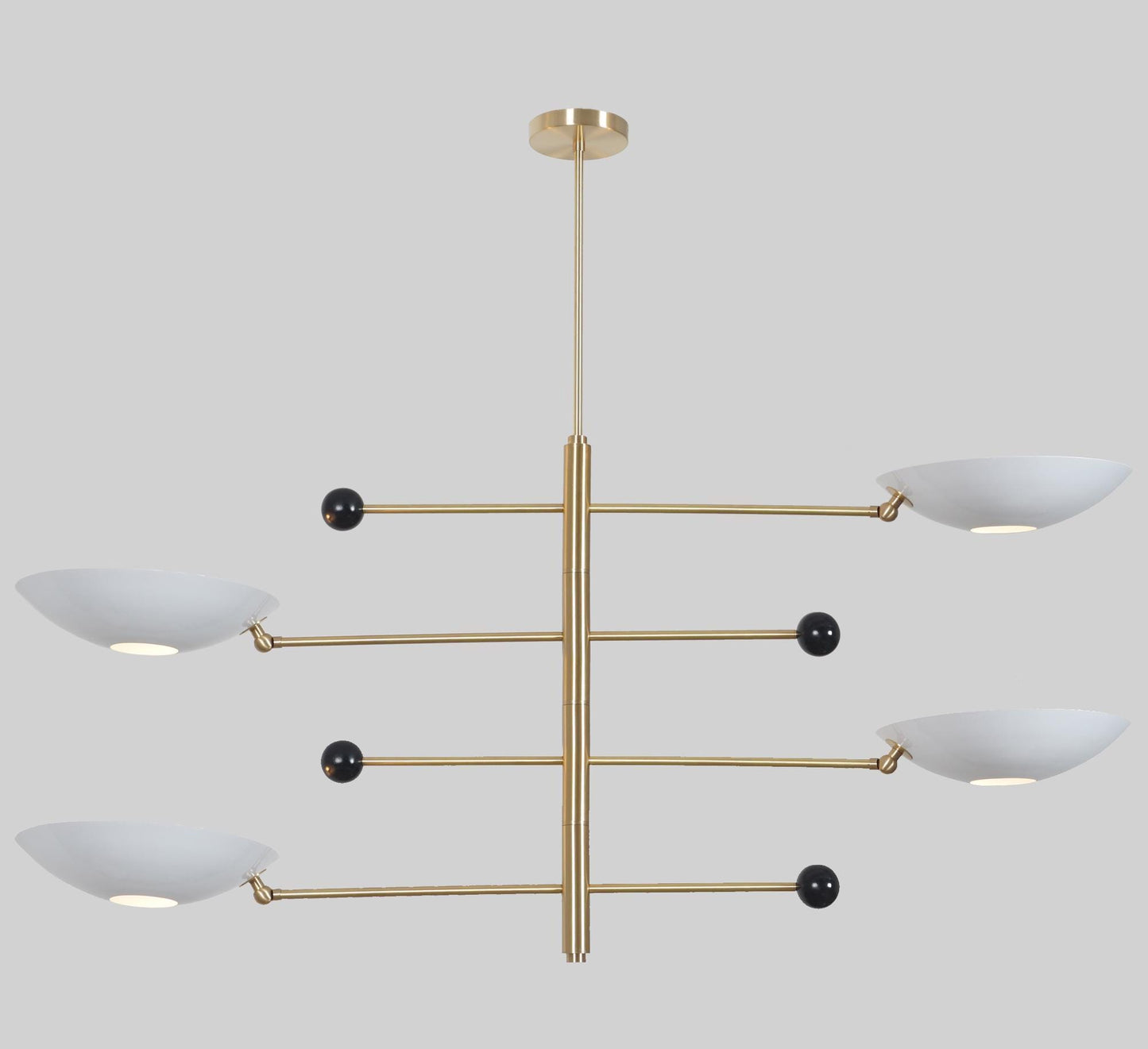 White Disk Shade Counterbalance Brass Chandelier, Mid Century Modern Stilnovo Style Counterweight Handcrafted Brass Ceiling Light Fixture