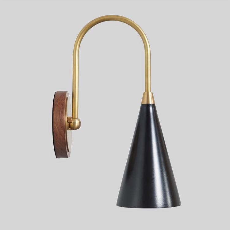 Salona Enamel Shade Brass Wall Sconce With Wood Canopy, Mid Century Modern Single Light Wall Lamp, Handmade Vintage European Inspired Light