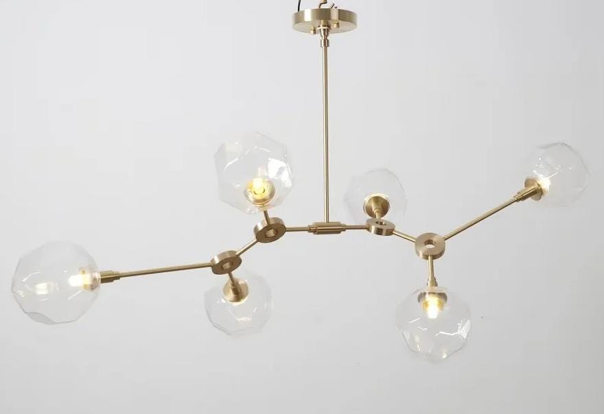 Mid Century Six Arm Clear Globe Light Brass Ceiling Sputnik Chandelier Pendant Light Fixture, Handcrafted Vintage Style Ceiling Lighting