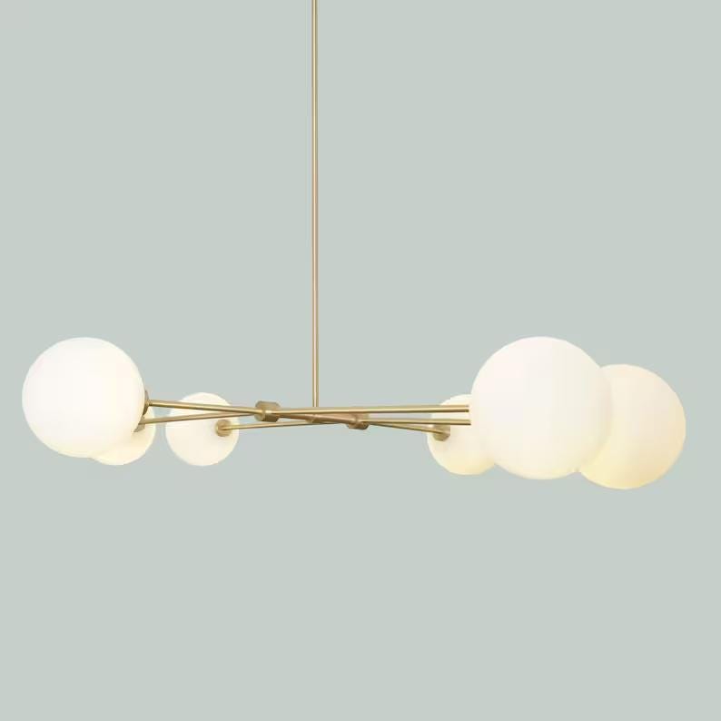 Six Globes Mid Century Style Sputnik Chandelier, Handcrafted Pendant Ceiling Light, Brass Frame Glass Globe Design Light Fixture