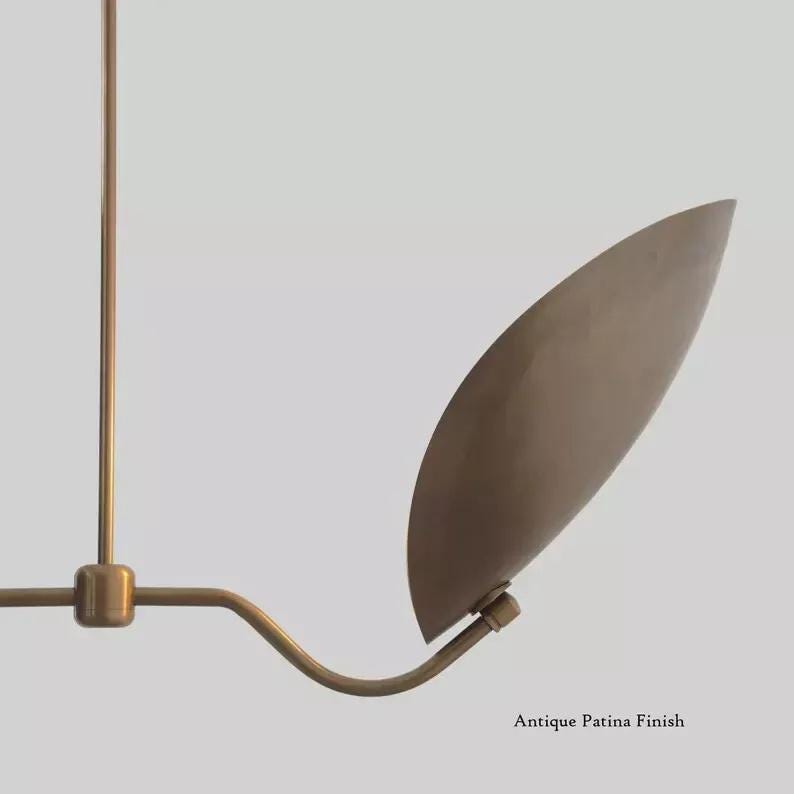 Mid Century Modern Brass Petal Chandelier, Sculptural Italian Inspired Handcrafted Dual Curved Shape 2 Light Ceiling Pendant Light Fixture