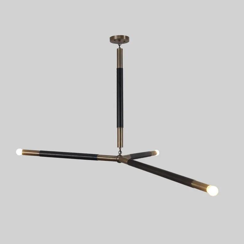 Arrow Shape Leather Slingshot Chandelier, Minimalist Asymmetrical Brass Ceiling Light Fixture, Contemporary Design Statement Three Arm Lamp