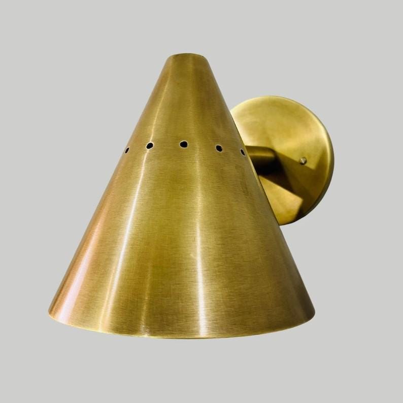 Conical Shape Solid Brass Wall Sconce, Mid Century Modern Handcrafted Raw Brass Industrial Style Wall Light Lamp