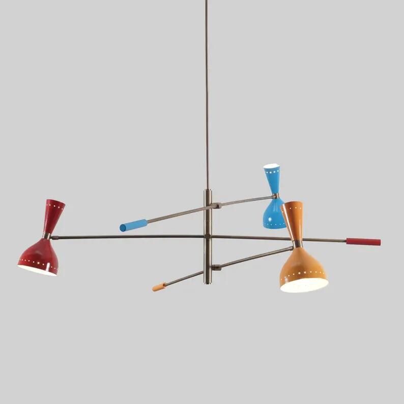 Multi Color 3 Arm 6 Light Mid Century Modern Italian Style Sputnik Chandelier, Handcrafted Brass Chandelier, Contemporary Light Fixture