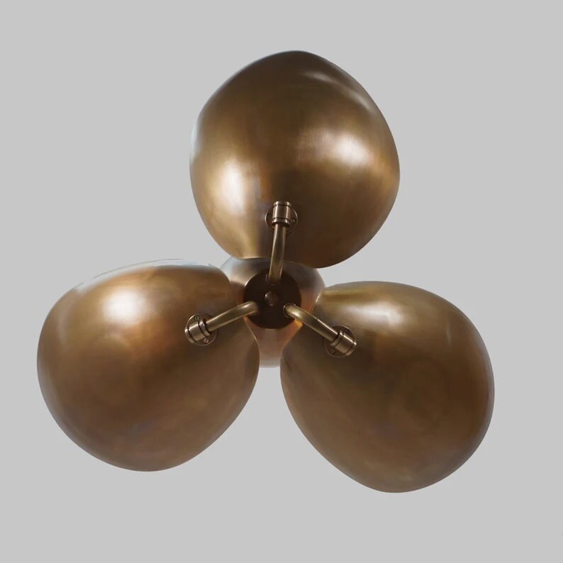 Beetle Disk Shade Ceiling Flush Mount Brass Pendant Light Fixture, Handcrafted Mid Century Modern Turtle Chandelier Three Lights