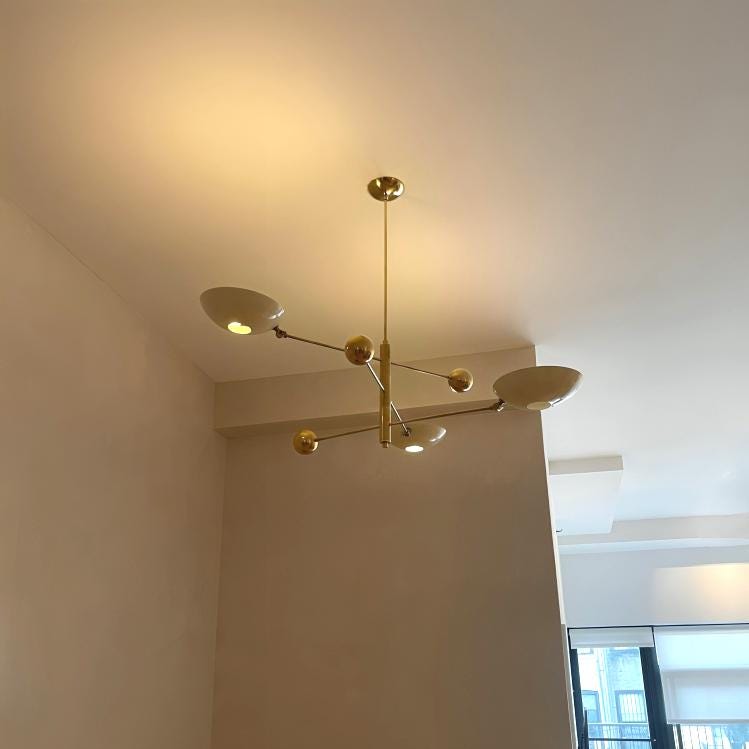 Stilnovo Style Adjustable Counterbalance Ceiling Lamp, Italian Counterweight 3 Shade Brass Chandelier,  1960s Inspired Mid Century Light