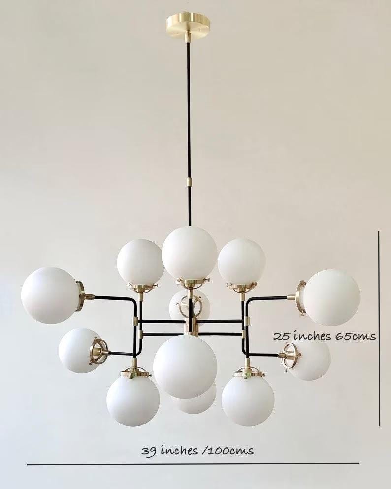 Large Bistro Glass Globe Mid Century Modern Chandelier, Handcrafted Brass Ceiling Light, Modern 12 Glass Globe Design Hanging Light Fixture