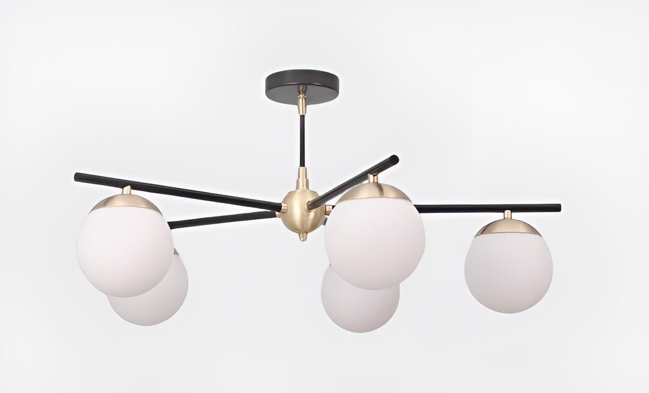 5 Globe Mid Century Sputnik Chandelier, Handcrafted Modern Brass Chandelier Ceiling Light, Elegant Glass Globe Design Pendant Light Fixture