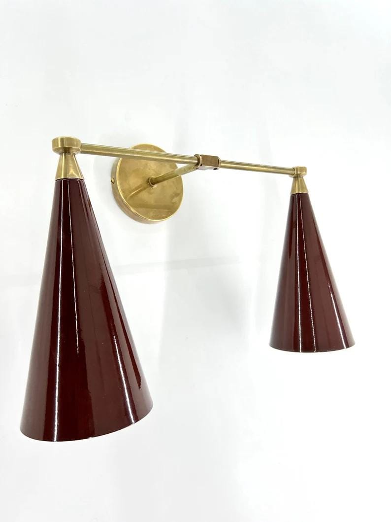 Industrial Brass Twin Conical Sconce Wall Fixture, Antique look, Industrial design, Handcrafted wall lamp