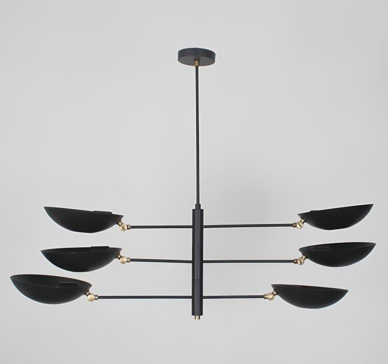 Counterbalance Six Disk Shade Brass Chandelier, Mid Century Modern Stilnovo Style Counterweight Handcrafted Brass Ceiling Light Fixture