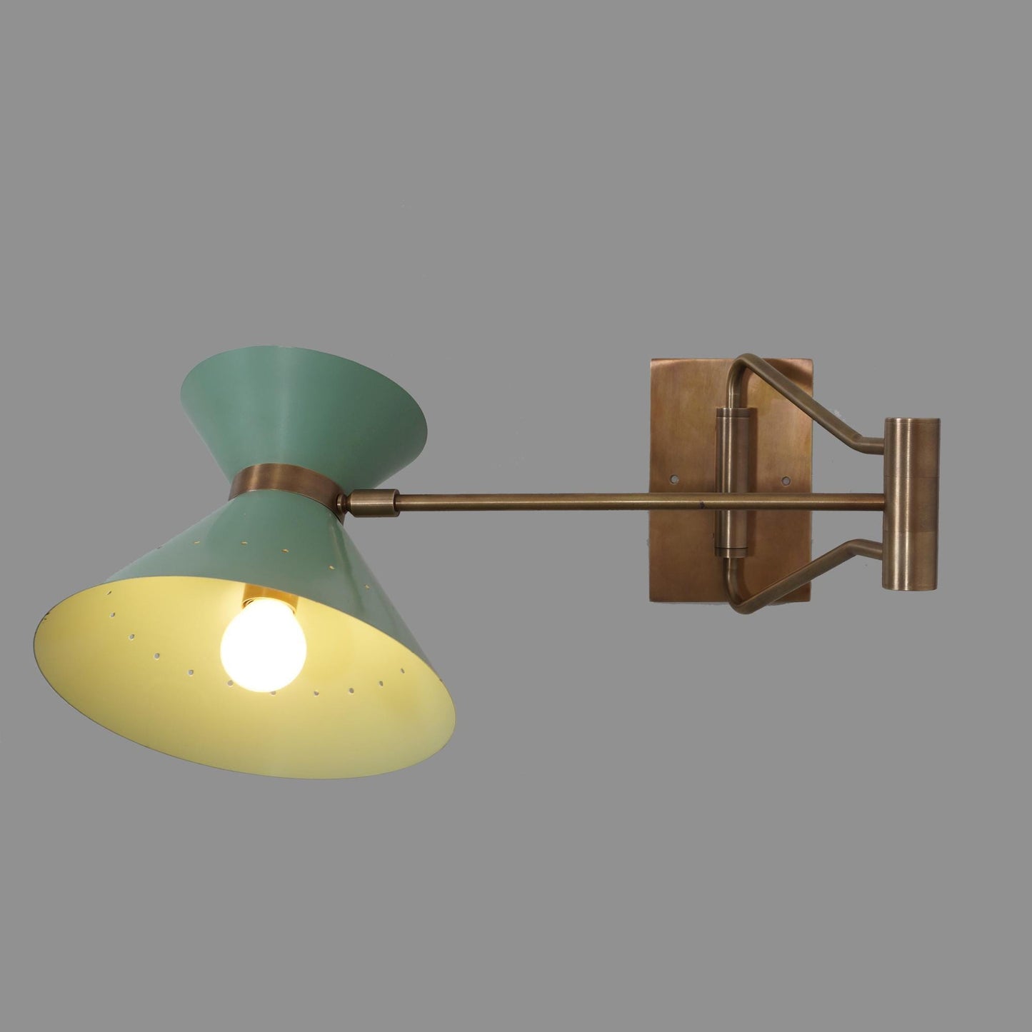 Stilnovo Articulated Swing Arm Wall Light, Mid Century Modern Italian Style Diabolo Double Cone Brass Wall Sconce, Adjustable Reading Lamp