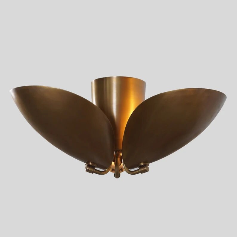 Beetle Disk Shade Ceiling Flush Mount Brass Pendant Light Fixture, Handcrafted Mid Century Modern Turtle Chandelier Three Lights