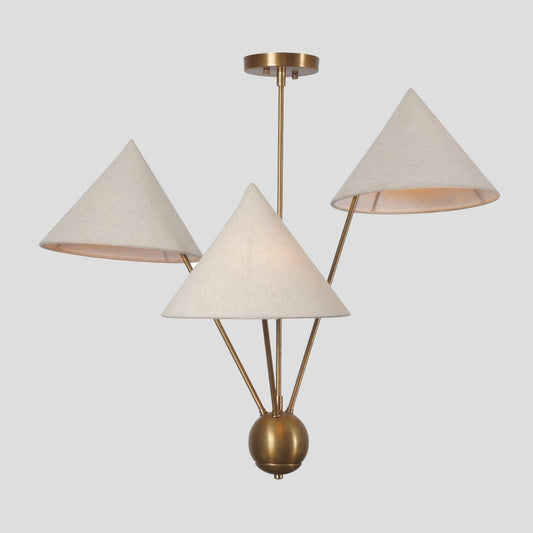 Linen Shade Italian Mantis Chandelier Brass Sputnik Chandelier, Mid Century Modern Conical Ceiling Light Fixture Art Deco Wabi Sabi 3 Lights