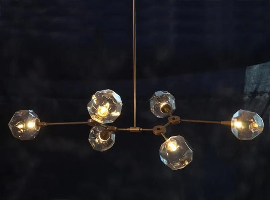 Mid Century Six Arm Clear Globe Light Brass Ceiling Sputnik Chandelier Pendant Light Fixture, Handcrafted Vintage Style Ceiling Lighting