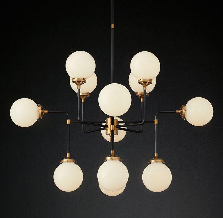 Large Bistro Glass Globe Mid Century Modern Chandelier, Handcrafted Brass Ceiling Light, Modern 12 Glass Globe Design Hanging Light Fixture