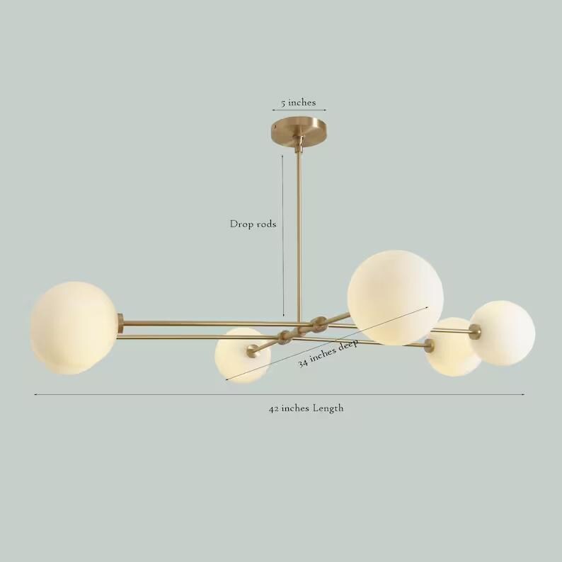 Six Globes Mid Century Style Sputnik Chandelier, Handcrafted Pendant Ceiling Light, Brass Frame Glass Globe Design Light Fixture