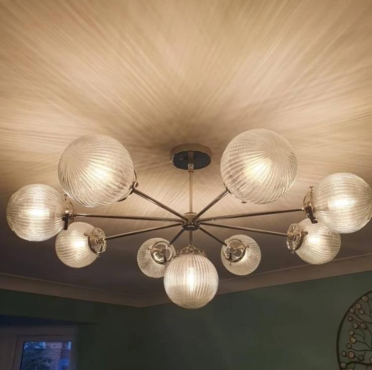 Mid Century Modern 9 Ribbed Glass Globe Chandelier, Handcrafted Lamp Ceiling Light, Brass Lights Glass Globe Design Pendant Light Fixture