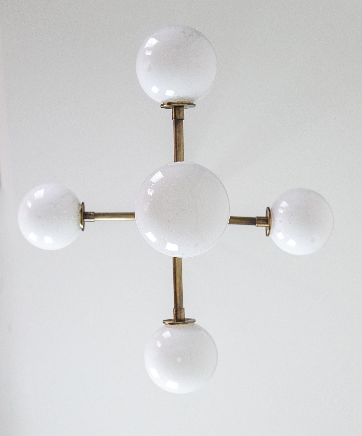 Handcrafted Five Globes Mid Century Modern Sputnik Chandelier, Stilnovo Style Ceiling Light Fixture, Brass Frame Glass Globe Chandelier