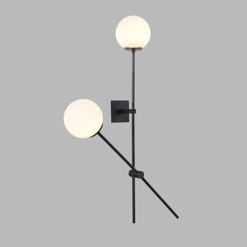 Two Glass Globe Swing Arm Articulating Bedside Wall Lamp, Handcrafted Pendant Light Brass Sputnik Wall Sconce