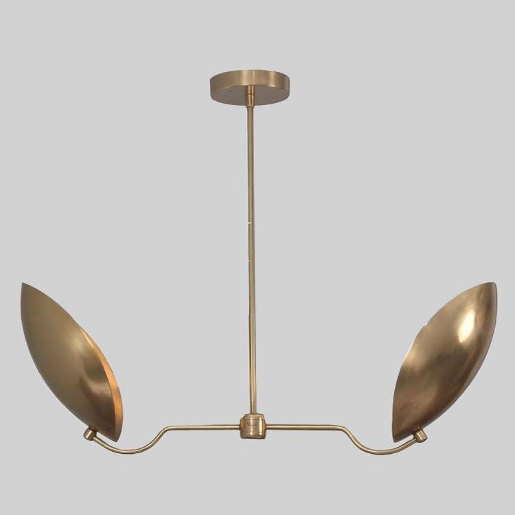 Mid Century Modern Brass Petal Chandelier, Sculptural Italian Inspired Handcrafted Dual Curved Shape 2 Light Ceiling Pendant Light Fixture