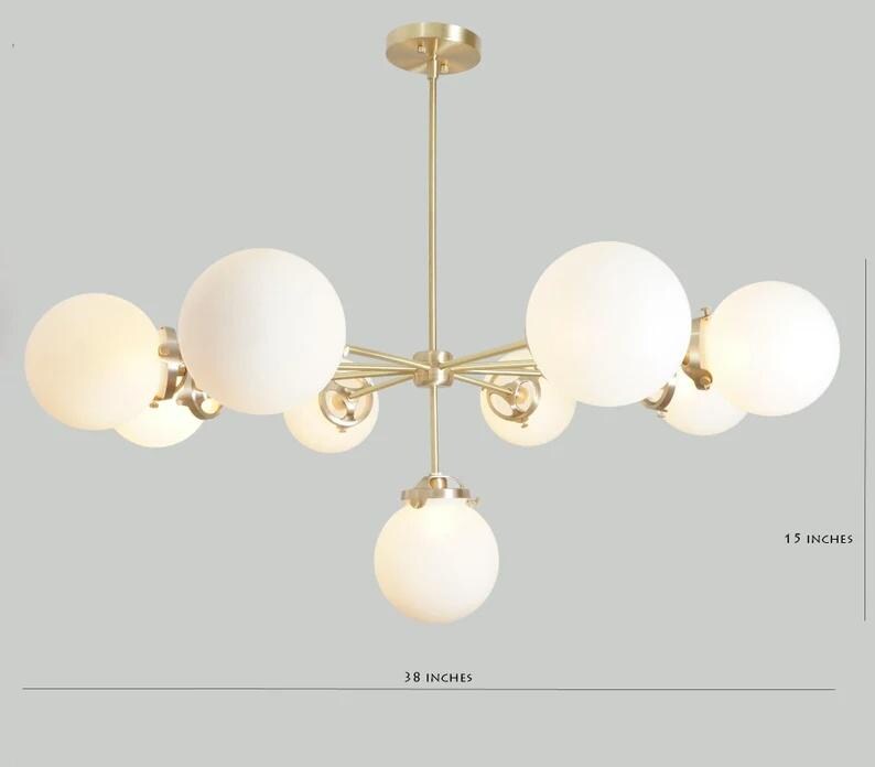 Gorgeous 9 Globe Mid Century Modern Chandelier, Handcrafted Lamp Ceiling Light, Brass Lights Glass Globe Design Pendant Light Fixture
