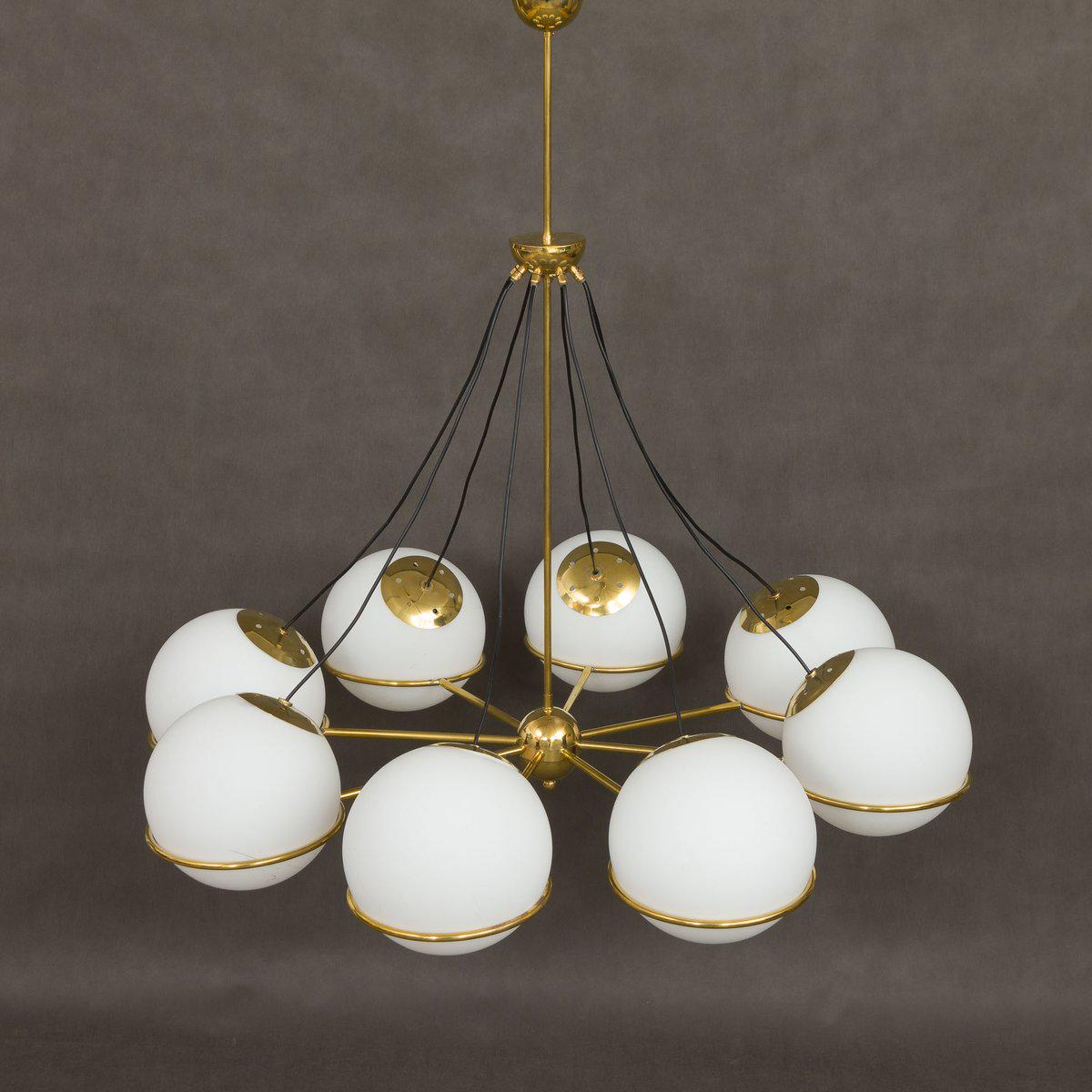 Sarfatti Style Sputnik Globe Chandelier, Mid Century Modern Italian Design 8 Globe Brass Chandelier, Handcrafted Bubble Glass Globe Lighting