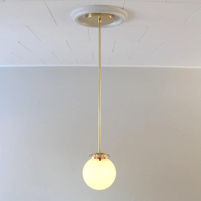 Italian Opaline & Brass Sphere Pendant Lamp Bubble Pendant Light, Glass Globe Ceiling Lamp, Mid century Modern Brass Pendant Light