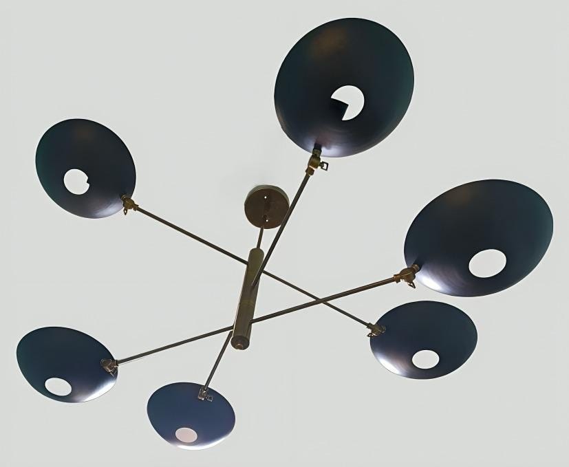 Counterbalance Six Disk Shade Brass Chandelier, Mid Century Modern Stilnovo Style Counterweight Handcrafted Brass Ceiling Light Fixture