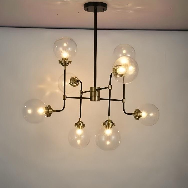Modern Bistro Glass Globe Brass Chandelier, Handcrafted Bubble Ceiling Light, Mid Century Modern 8 Glass Globe Design Hanging Light Fixture