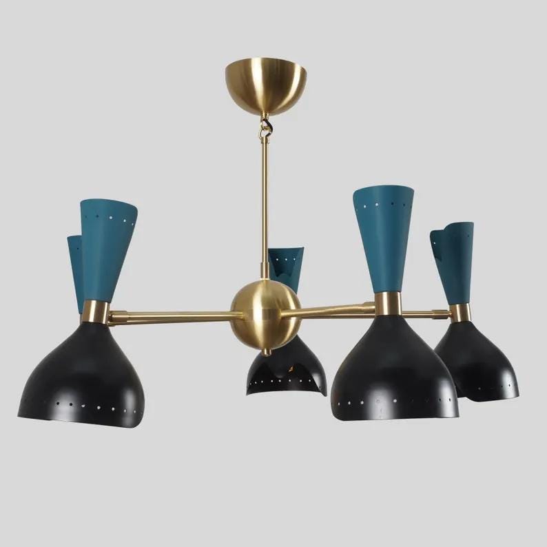 Silnovo Style Diabolo Cut-out Shade Chandelier, 5 Arm 10 Light Mid Century Italian Sputnik Chandelier, Handmade Brass Ceiling Light Fixture