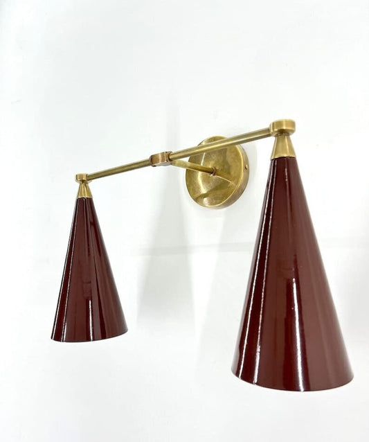 Industrial Brass Twin Conical Sconce Wall Fixture, Antique look, Industrial design, Handcrafted wall lamp