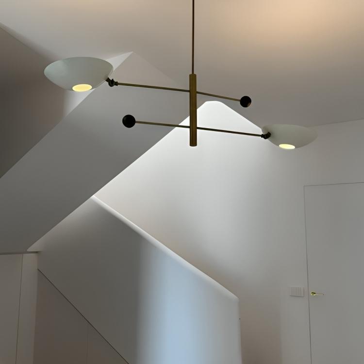 White Disk Shade Counterbalance Brass Chandelier, Mid Century Modern Stilnovo Style Counterweight Handcrafted Brass Ceiling Light Fixture
