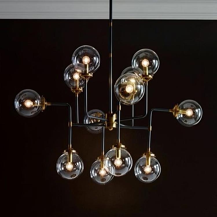 Mid Century Modern Bistro Glass Globe Large Chandelier, Handcrafted Brass Ceiling Light, 12 Glass Globe Custom Design Sputnik Light Fixture