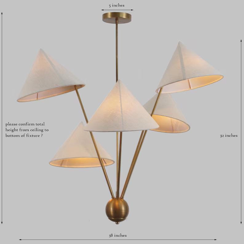 Italian Linen Shade Mantis Chandelier Brass Sputnik Chandelier, Mid Century Modern Conical Ceiling Light Fixture Art Deco Wabi Sabi 5 Lights