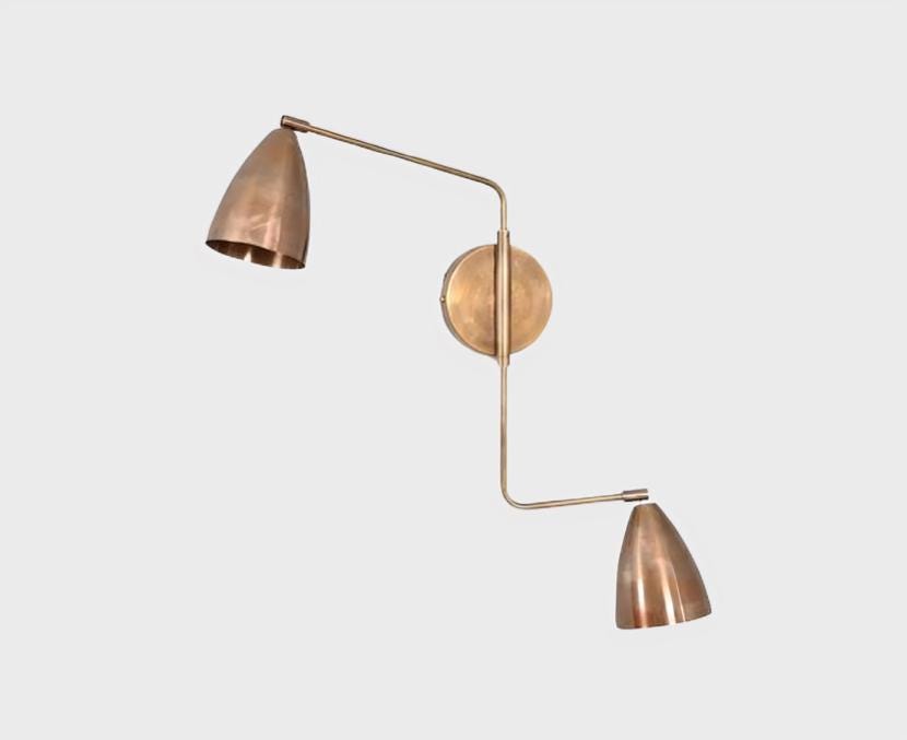 Dual Light Shades Bedside Wall Lamp, Twin Light Curved Arm Vintage Handcrafted Pendant Light Custom Brass Wall Sconce