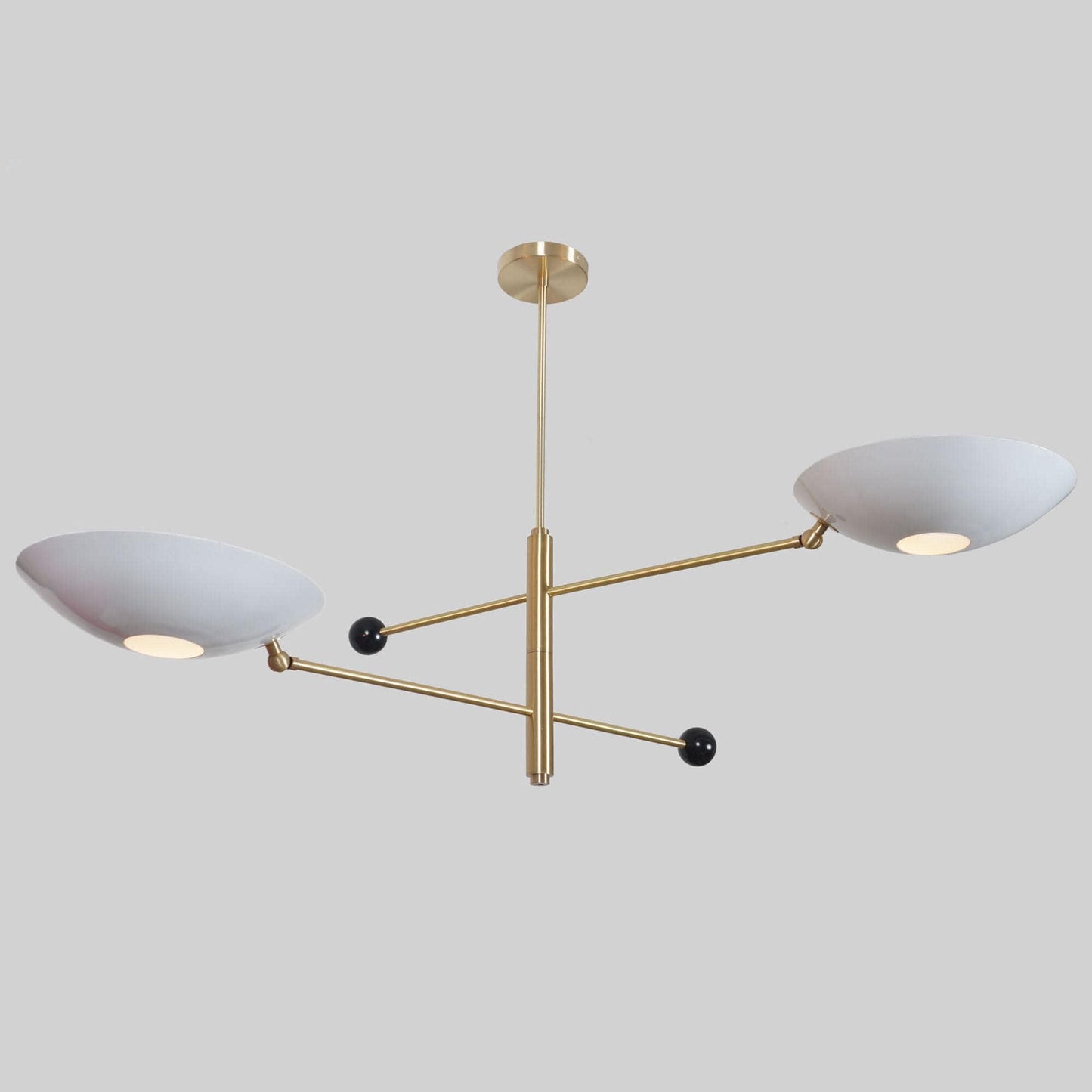 White Disk Shade Counterbalance Brass Chandelier, Mid Century Modern Stilnovo Style Counterweight Handcrafted Brass Ceiling Light Fixture