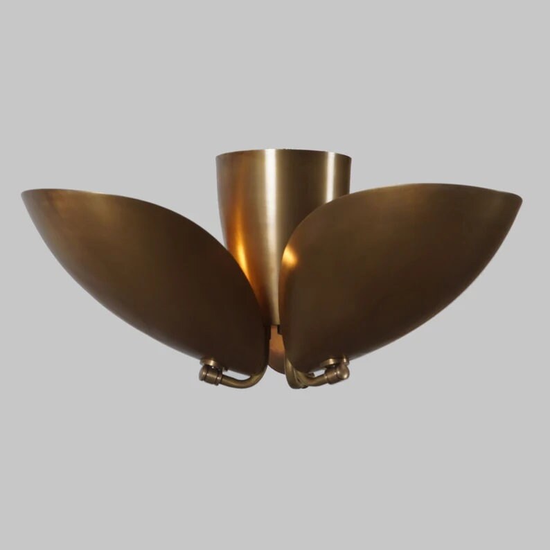 Beetle Disk Shade Ceiling Flush Mount Brass Pendant Light Fixture, Handcrafted Mid Century Modern Turtle Chandelier Three Lights