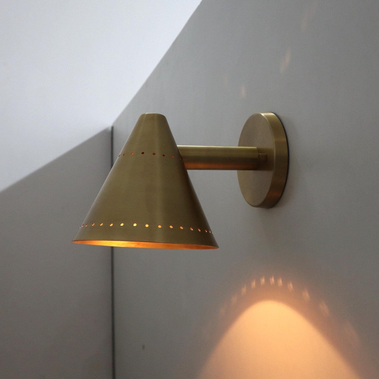 Perforated Conical Brass Pivot Wall Sconce, Mid Century Modern Handcrafted Raw Brass Industrial Style Wall Light Lamp